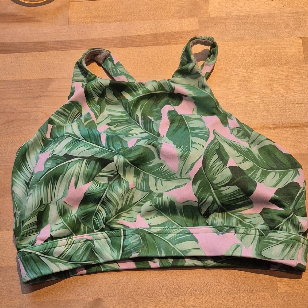 Vull Sport Palm Leaf Pattern Sports Bra - Green & Pink